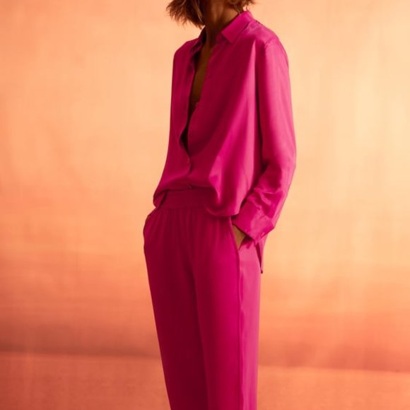Zara Satin Suit, Fuschia Satin Effect Shirt & Pants, XS
